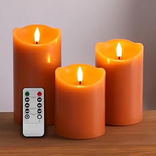 Orange Flameless Pillar Candles with Remote, Halloween Fall LED Candles Battery Operated Real Wax, Set of 3
