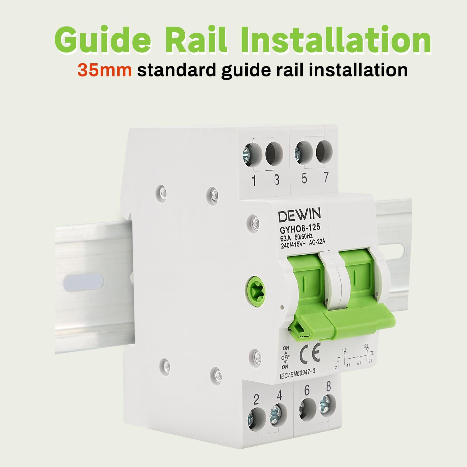 DEWIN Transferschalter 2 Polig, Transferschalter Hutschienen Manueller Transferschalter Dual Power Transfer Isolation Switch 2P 63A AC 230V