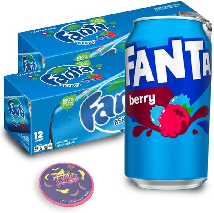 Fanta Berry 12oz Can - 12 Pack Bundle with Exotic Blvd Coaster (Two 12-packs (24 cans))