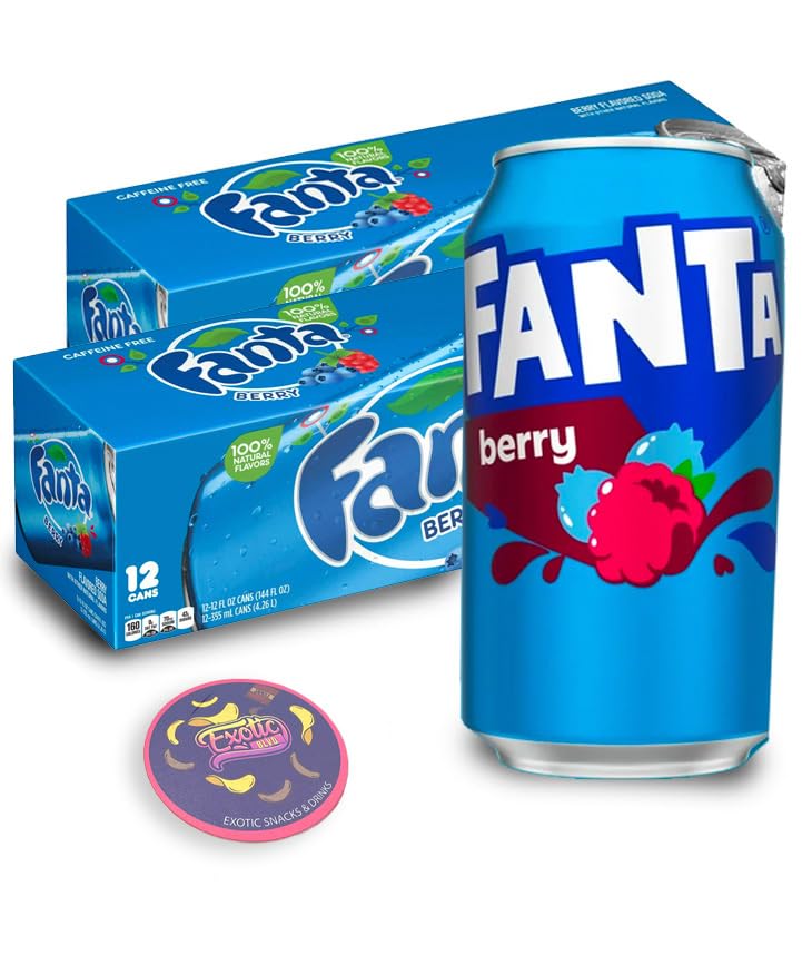 Fanta Berry 12oz Can - 12 Pack Bundle with Exotic Blvd Coaster (Two 12-packs (24 cans))