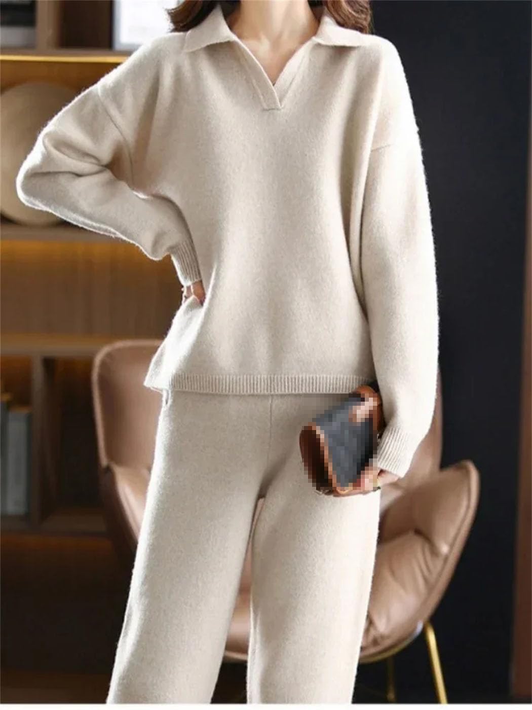 Haitpant 2 Pezzi Set Donna Oversize Tuta Polo Collare Maglione E Pantaloni Dritti Maglia Pullover Set Maglione Suit