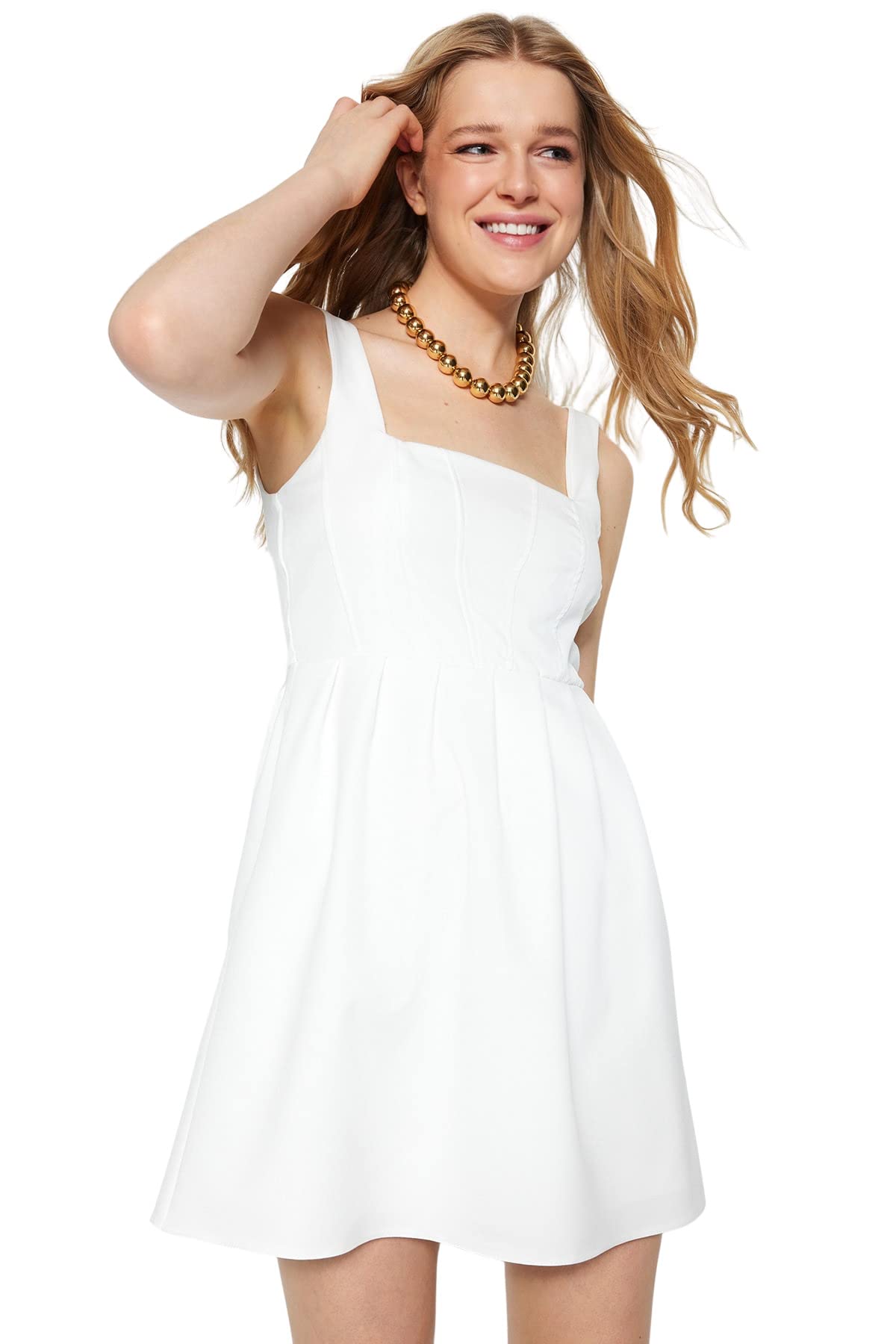 Trendyol FeMan Mini Skater Regular fit Woven Dress,Ecru,38