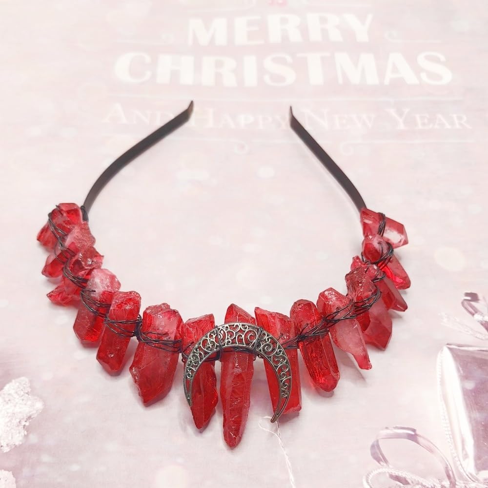 Brawlady Raw Crystal Red Headband, Rhinestone Tiara Crown Headband Boho Raw Quartz Moon Goddess Headpiece for Women Girls(red1moon) - Image 3
