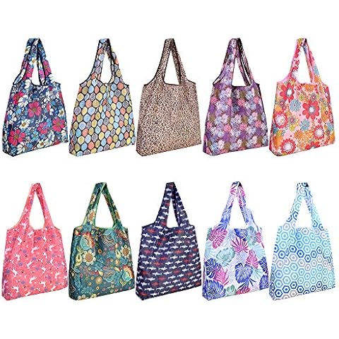 SZUAH 10 Pack Reusable Grocery Shopping Bags, Foldable Shopping Bags Grocery Tote with Attached Pouch,Machine Washable Eco-Friendly. Cover