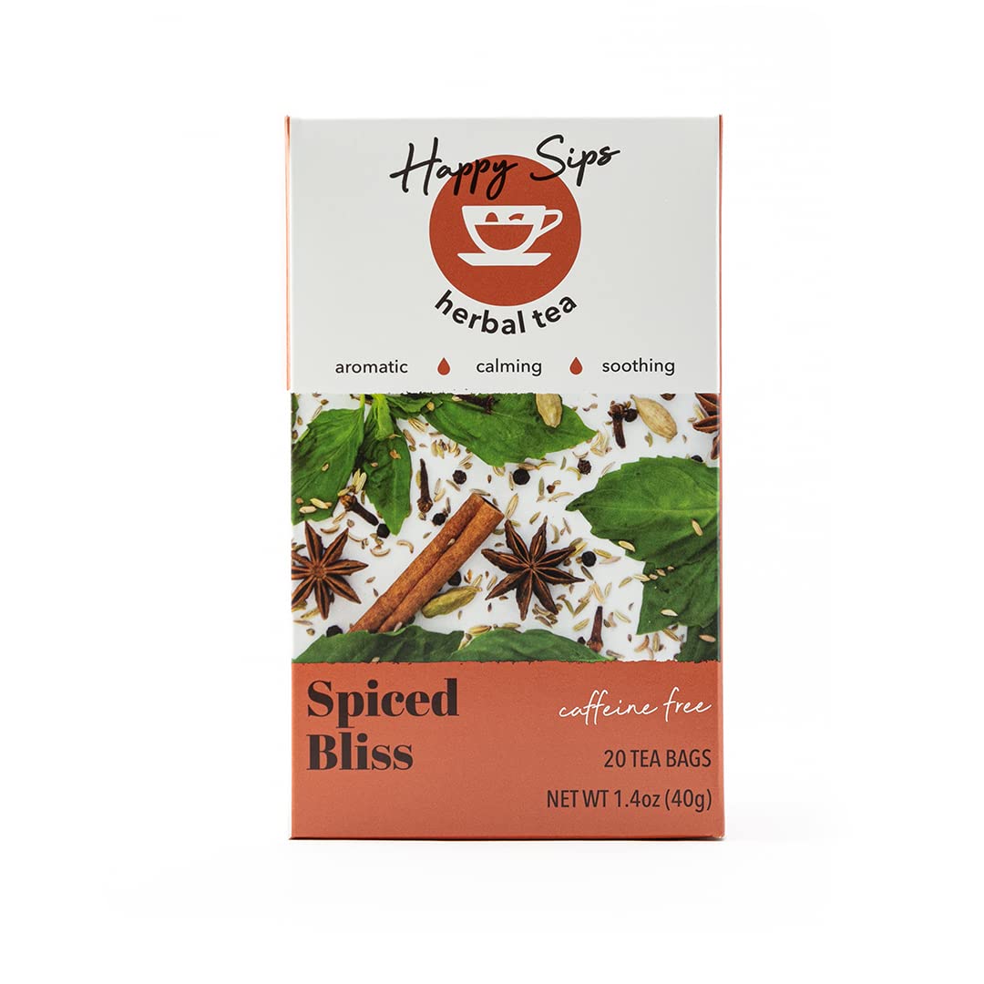 Happy Sips Herbal Tea – Spiced Bliss - Made of 11 Non-GMO Natural Herbs & Spices with No Artificial Flavor, Colors, or Additives | 100% Naturally Caffeine Free | Great Taste & Promotes Well-Being | 20 Individually Wrapped Tea Bags (Pack of 1)