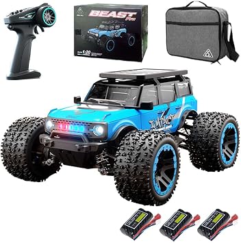 1/20 RC Cars for Adults Fast 55KPH, Electric Brushless Motor Off-Road RC Truck, 4WD Remote Control Car All Terrain, High Waterproof Speed Monster Truck, 3 BatteriesBlue