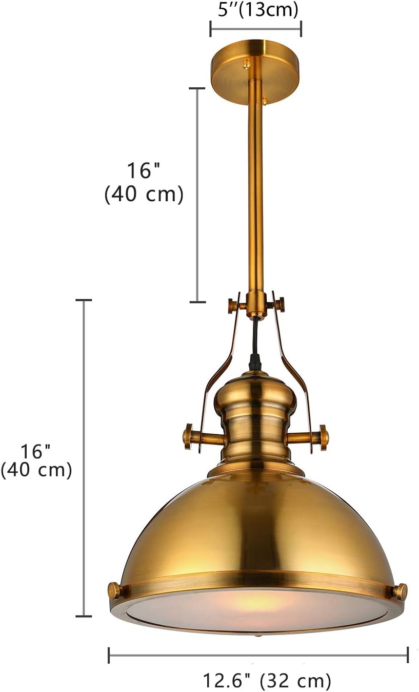 LITFAD Industrial Antique Pendant Lamp Frosted Diffuser One Light Iron Pendent Light Mounted Fixture Retro Hanging Ceiling Light in Brass for Dining Table Restaurant Kitchen