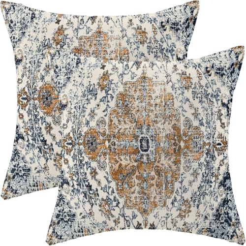 AEIOAE Boho Pillow Covers 22x22 Inch Set of 2,Carpet Pattern Throw Pillows Case,Rust Blue Ethnic Design Outdoor Decorative Square Linen Farmhouse Decor Cushion Covers for Home Sofa Bed Couch