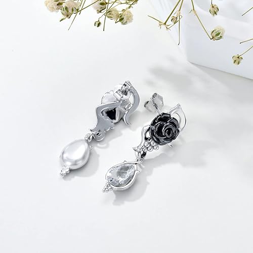 Miniatura 2 de Aretes largos de plata de ley 925 con rosas negras y góticas, aretes de gota punk, regalos de joyería gótica para mujer, cóctel, fiesta, Halloween