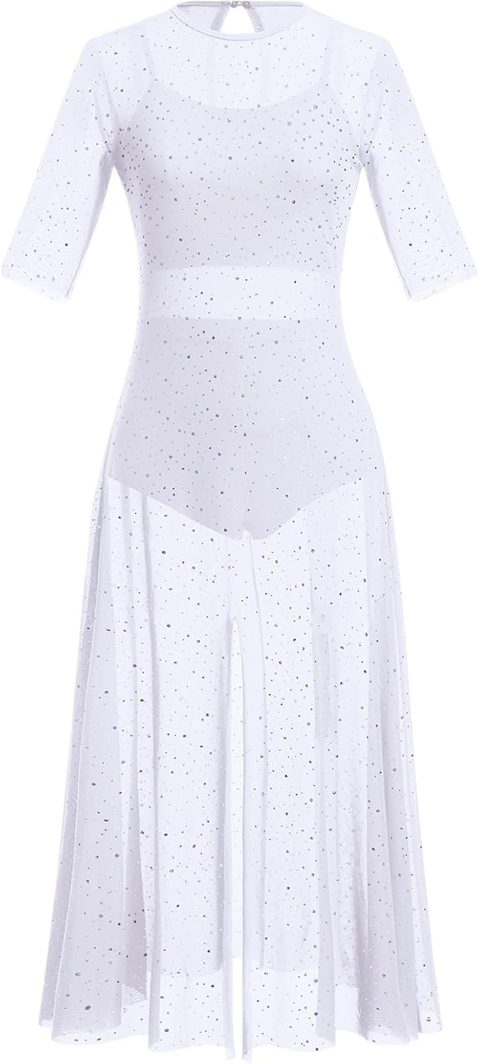 Lyrical Dance Dress with Shiny Sequins Mesh Sleeveless Crop Top Leotard Short Adult Costume