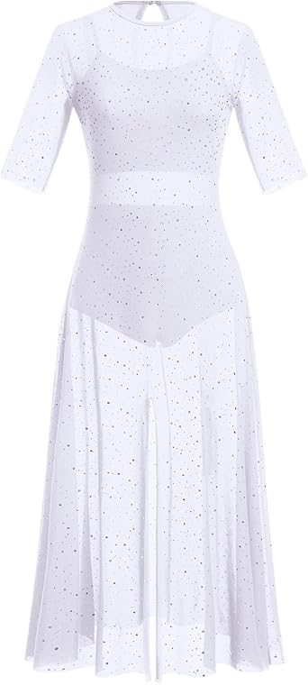 Lyrical Dance Dress with Shiny Sequins Mesh Sleeveless Crop Top Leotard Short Adult Costume