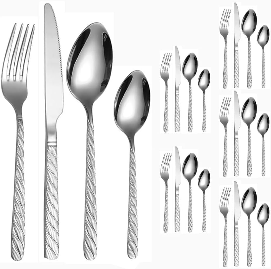 Threaded Flower Handle Kitchen Stainless Steel Silverware Tableware Flatware Cutlery Knives Forks Spoons Set Mirror Polishing Gift Set (Gold,24 pieces)