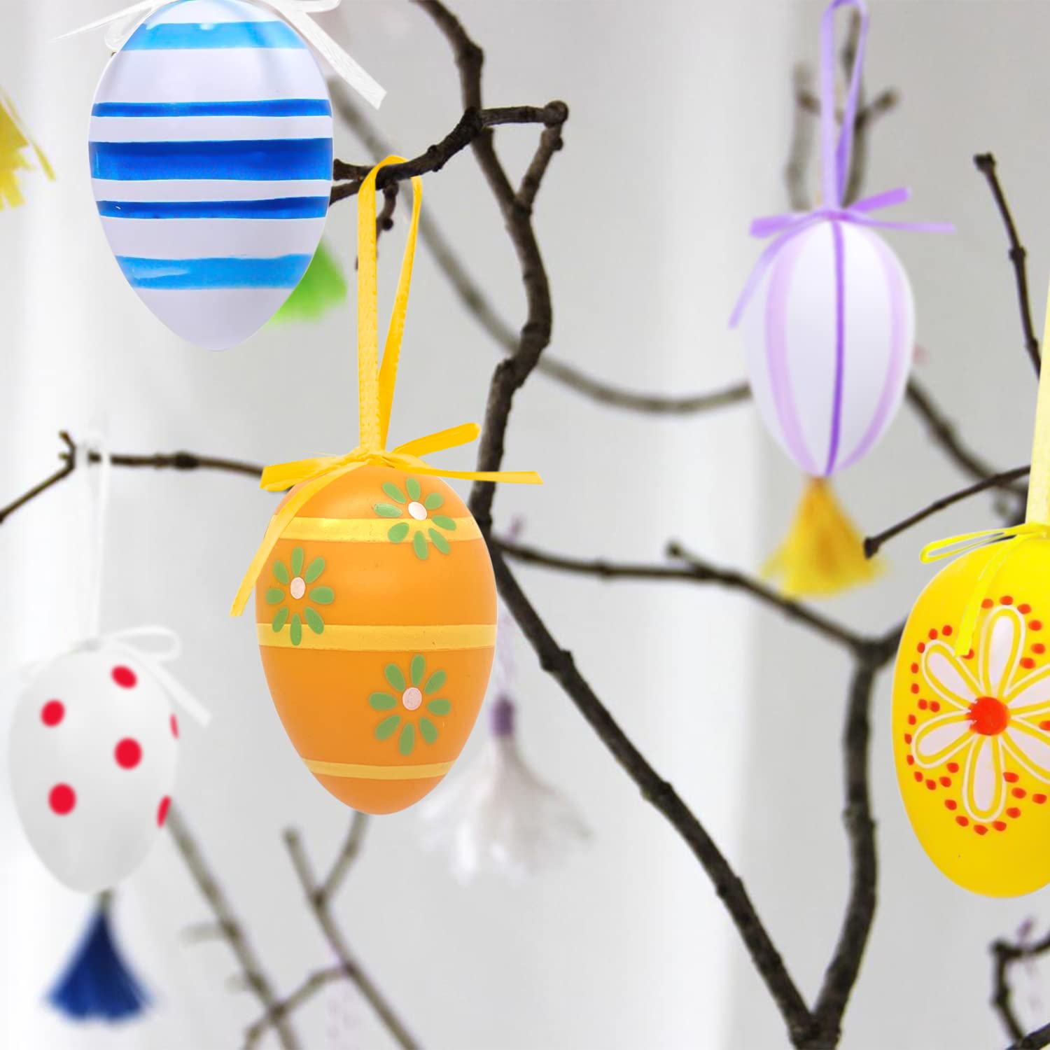 24 Uova Di Pasqua Decorative In Plastica Da Appendere – Multicolore, 6x4 Cm, Con Nastri, Per Albero Di Pasqua, Addobbi E Centrotavola - 6
