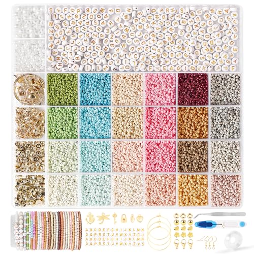 FEHCBIO DIY Perlen für Armbänder Schmuckherstellung Kit,Selber Machen 24 Farben mit Buchstaben Perlen Set für Weihnachtsferien,Geburtstags,Partys - Geschenkeidee für Kinder & Erwachsene