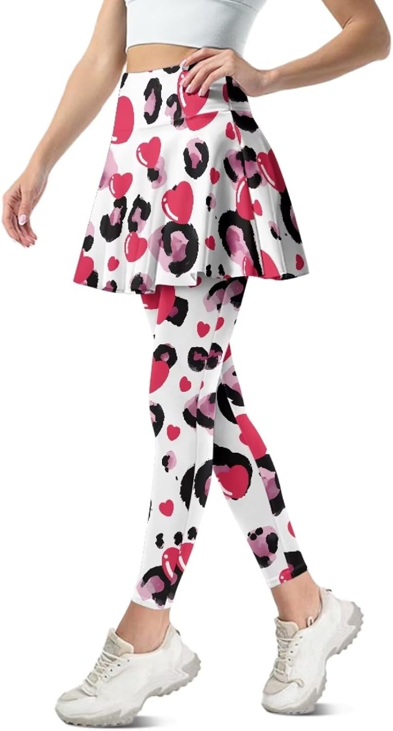 Valentines Day Women Tennis Skirted Legging Pleated Golf Skort Pant Athletic Skirt with Legging, XS-3XL