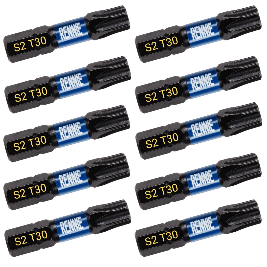 Rennie Tool Company 10 x 32mm Long T30 TX30 Impact Screwdriver Driver Bits Set. Heavy Duty Magnetic Torx Screwdriver Bit Set. Black Oxide Coated Torx Impact Driver Bits. Torx Bit Set.
