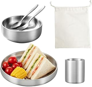 6-Piece Kids Dinnerware Set, Non-Toxic Food-Grade Stainless Steel Plates and Bowls, Drinking Mug, Spoon, Fork & Carry Bag, Insulated, Unbreakable, Dishwasher Safe for Home, School & Picnic