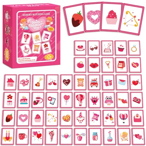 Image of gisgfim 100 PCS Memory Matching Game Valentine's Day Concentration Memory Games Card Educational Game for Kids Educational Ages 3-8 A Fun & Fast Heart Gnome Matching Games