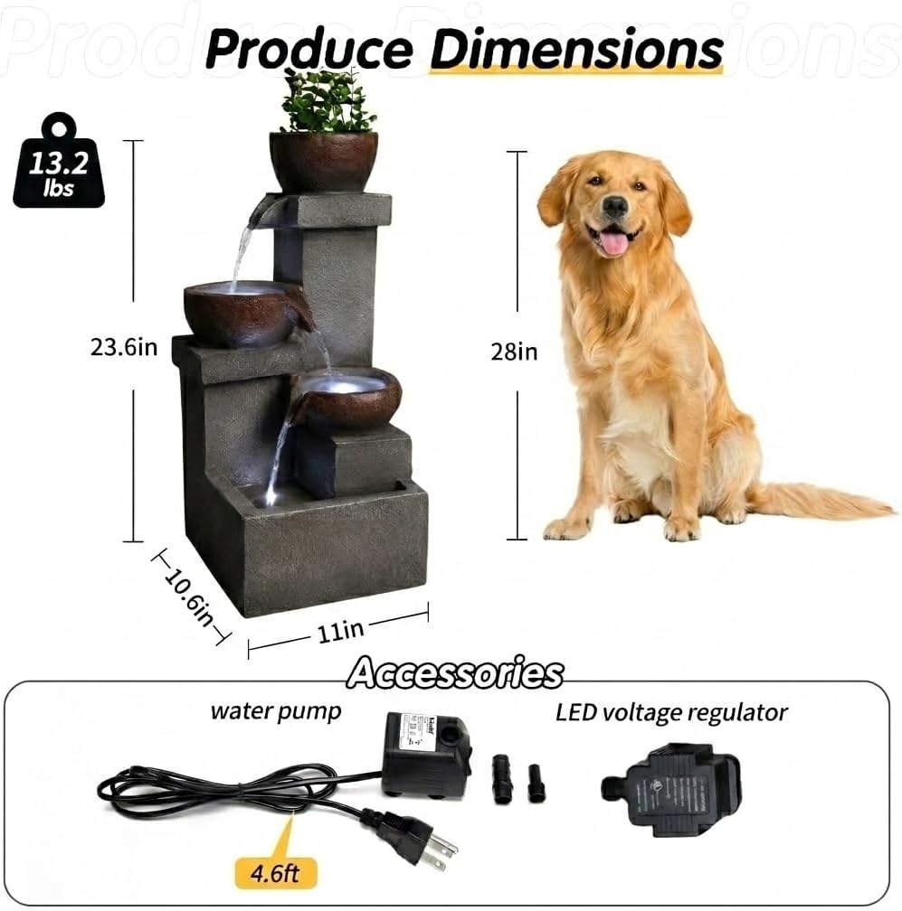 Large Cascading Outdoor Fountain Ground-Standing Fountain Fantastic Design Equipped with LED Lights, Suitable for Gardens Patios Porches and Swimming Pools,Bowl-Step