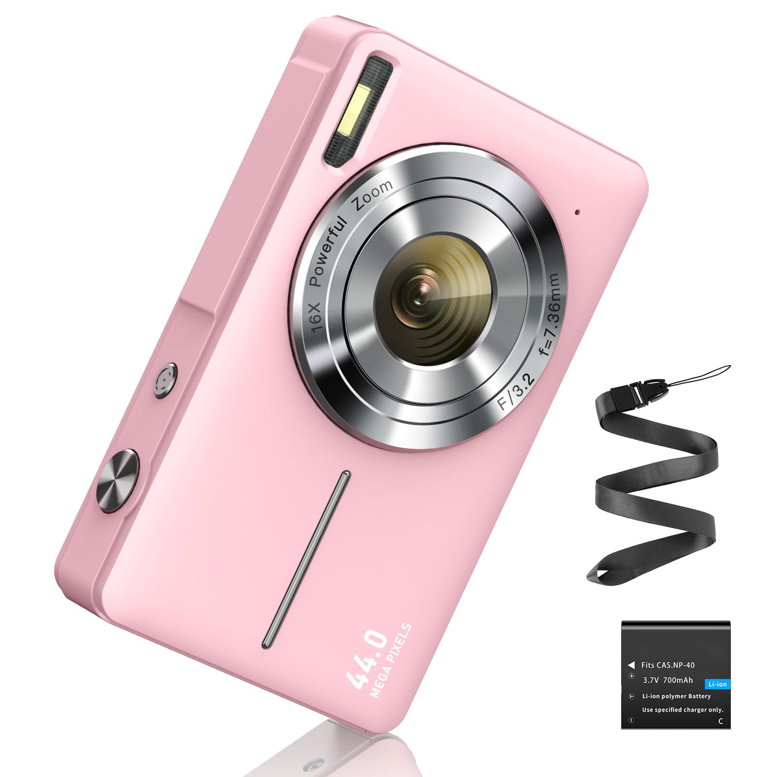 Appareil Photo numérique 44MP FHD 1080P, 16X Zoom et Batterie, Portable Simple pour Enfants, étudiants, Adolescents, débutants, Seniors (Rose)
