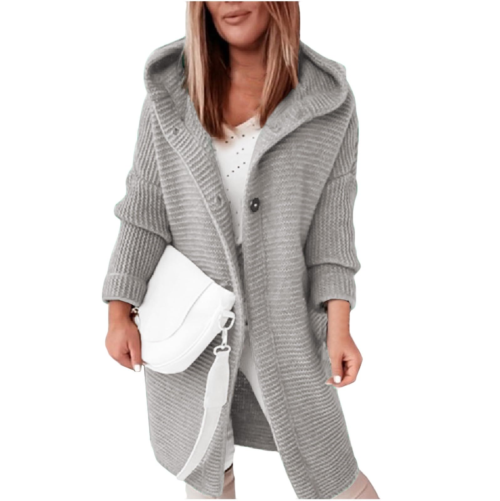 Strickjacken Für Damen Elegant Einfarbig Langarm Grobstrick Hoodie Jacke Mit Kapuze Herbst Winter Lang Strick Cardigan Oversize Open Front Sweater Outwear Outdoor Warm Strickcardigan Strickmantel