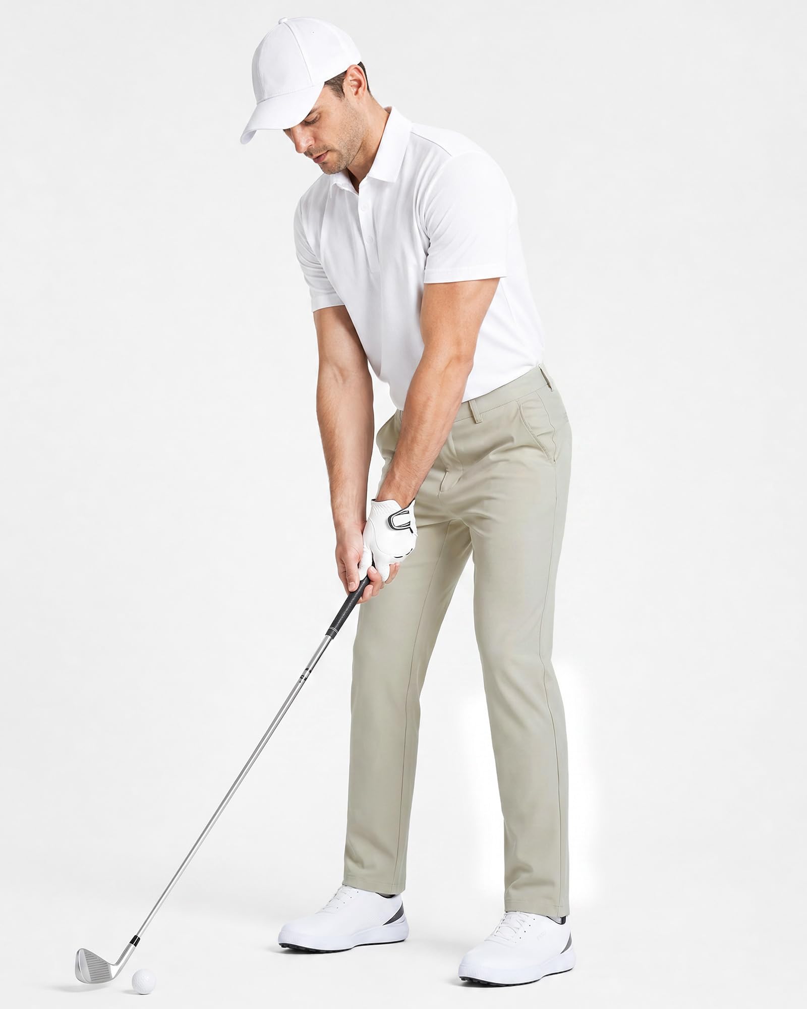 YND Herren-Golfhose, hohe Stretch, schmale Passform, flache Vorderseite, Eisseide, leichte Hose