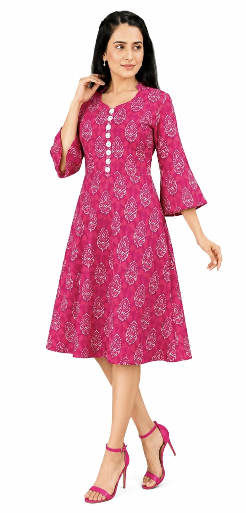 By Jaswin Women's Pure Cotton A-Line Block Print Dress Pink-image-11