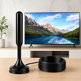 Antena TV Digital Amplificada Interna e Externa HDTV UHF VHF, Base Magnética com Super Ímã, Cabo de Longo Alcance, Compatível com TV Digital Full HD e 4K