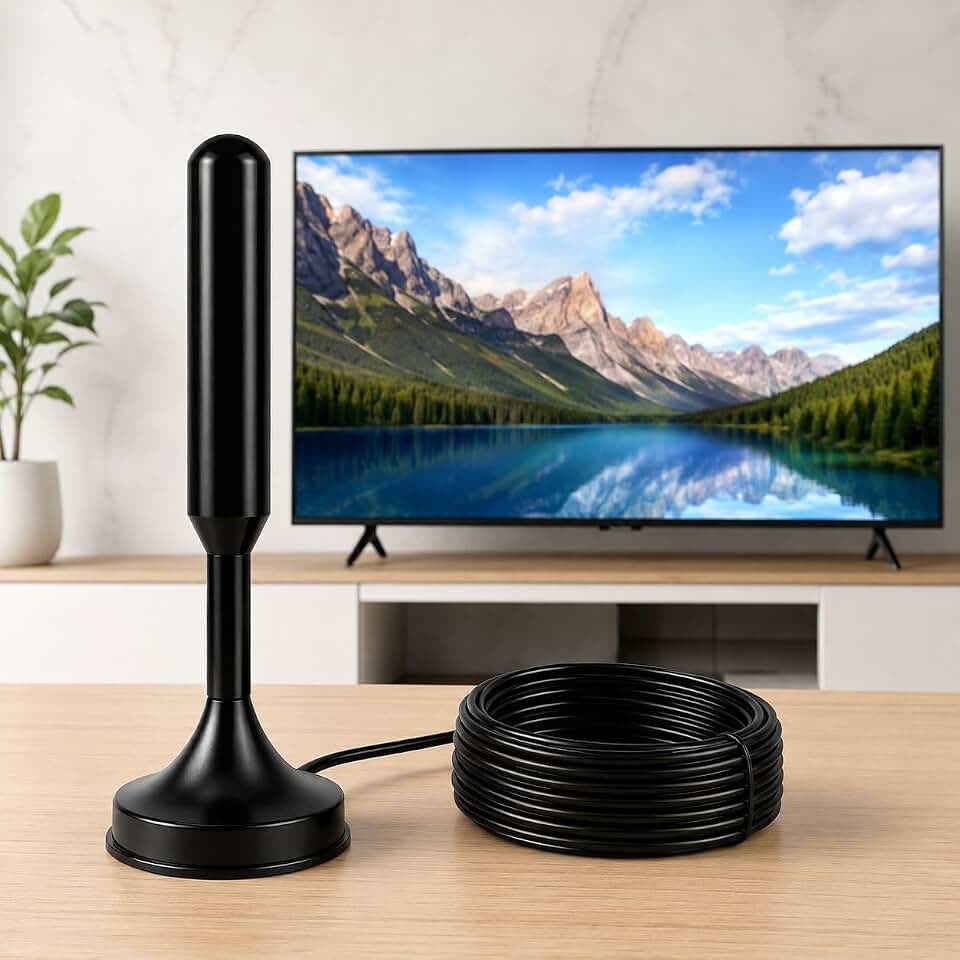 Antena TV Digital Amplificada Interna e Externa HDTV UHF VHF, Base Magnética com Super Ímã, Cabo de Longo Alcance, Compatível com TV Digital Full HD e 4K