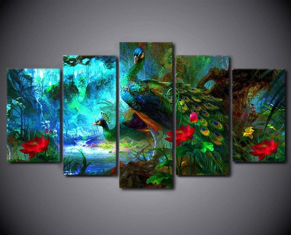 5PCS Framed Colorful Two Peacock Canvas Prints - 5 Piece Peacock Spread Artwork Canvas Prints Peacock Pictures Paintings on Canvas Wall Art for Office and Home Wall Decor (8x14x2, 8x18x2, 8x22inch)