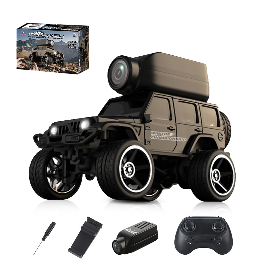 SpedUpX KF32 1:64 Die-Cast RC Crawler with Camera, Full-Scale 4WD Mini Desktop Off-Road Remote Control Car, High-Performance Racing Model(Black)