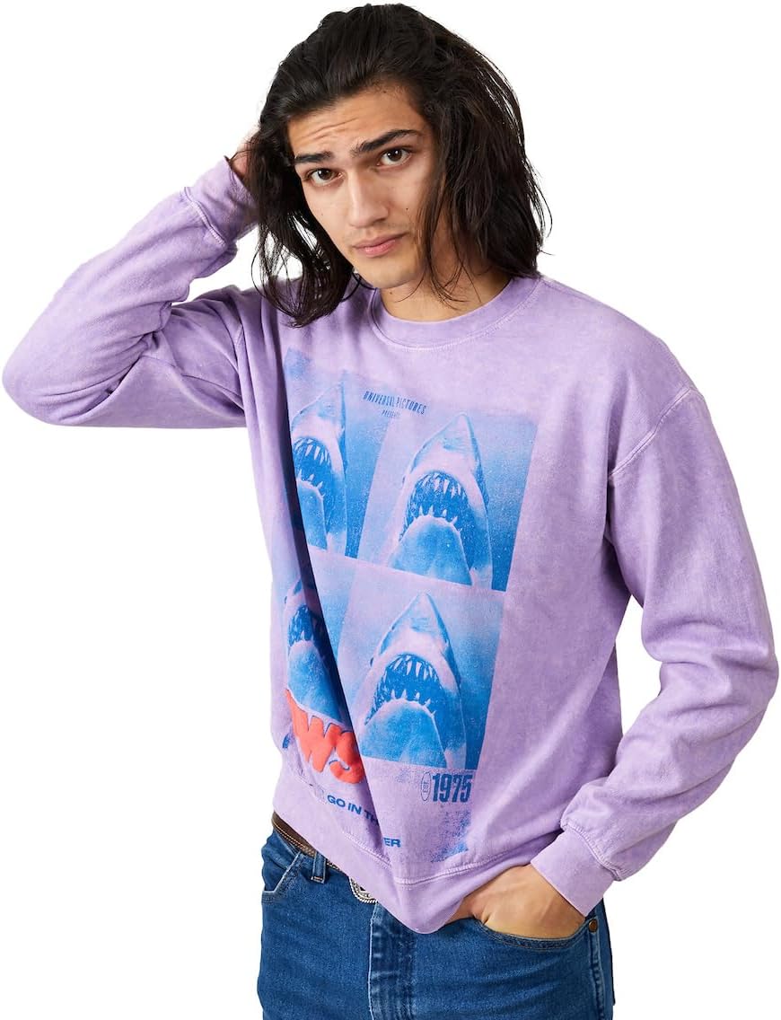 Bioworld Jaws Shark Four Square Poster Art Crew Neck Long Sleeve Lilac Wash Adult Sweatshirt