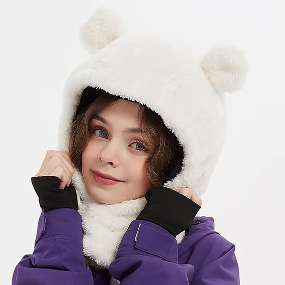 Cat Ears Motorcycle Helmet Covers, Outdoor Skiing Riding Men Women Face Mask, Cute Plush Kids Scarf Hat 3 in 1-A2