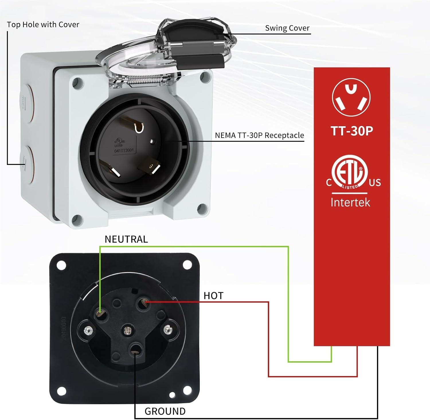 GUMMMY 1pcs 30Amp Power Inlet Box,125Volt NEMA TT-30P Receptacle Outdoor dustproof and Weatherproof for Electric Vehicles,etc.