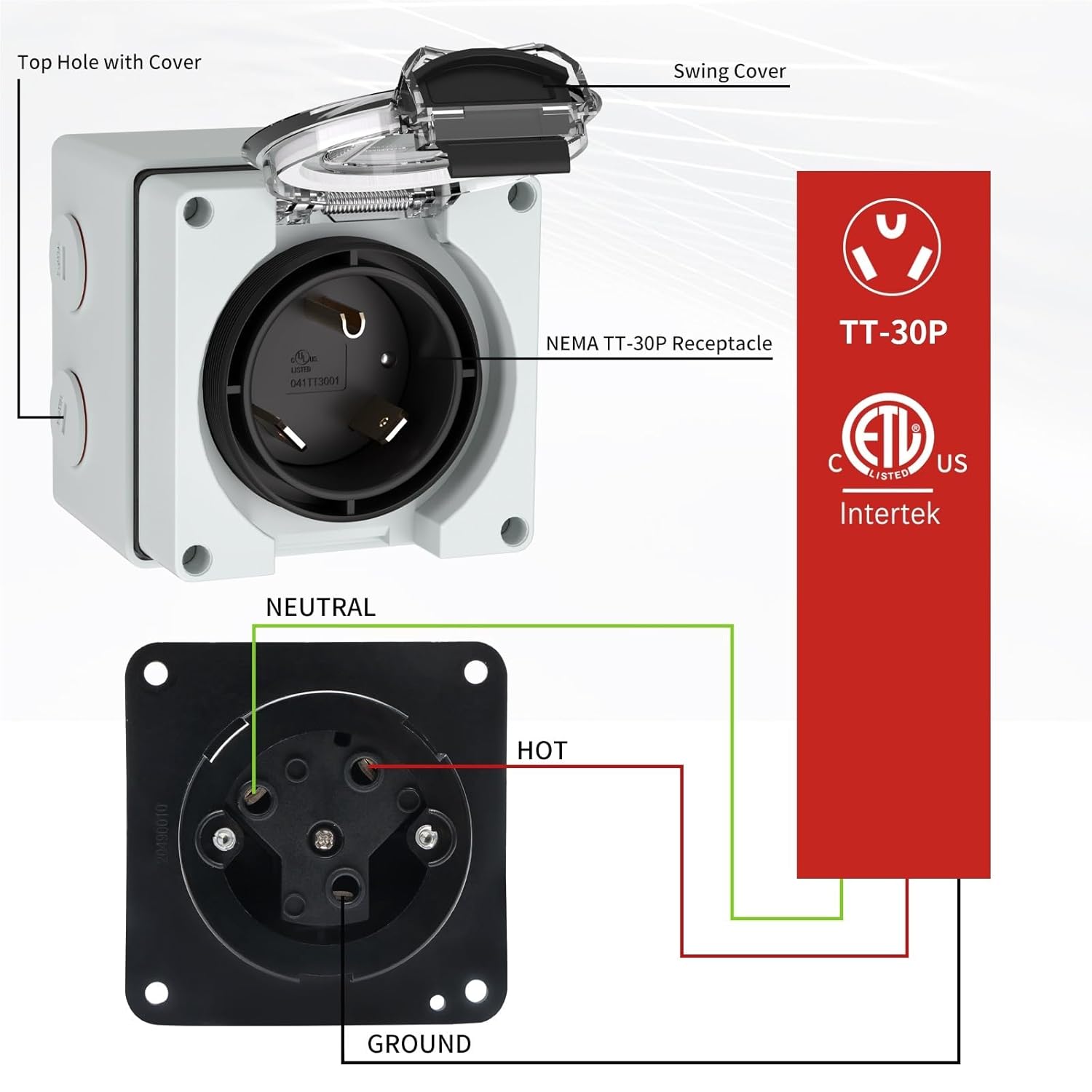 1pcs 30Amp Power Inlet Box,125Volt NEMA TT-30P Receptacle Outdoor dustproof and Weatherproof for Electric Vehicles,etc.