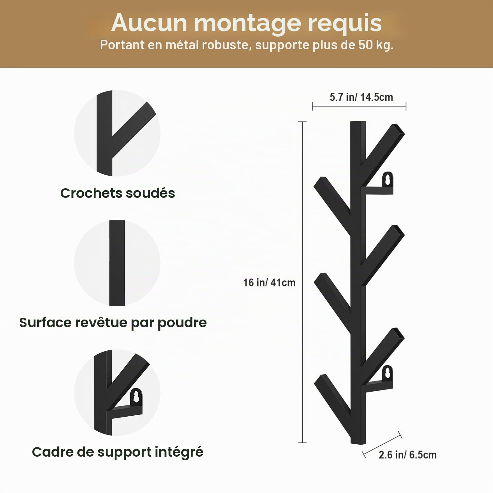 Porte-Manteau Patère Murale en Métal Lot de 2-41CM Vertical Porte Manteau Mural avec 6 Crochets, Pour Suspendre Vestes, Manteaux, Chapeaux, écharpes et Sacs à Main - Noir