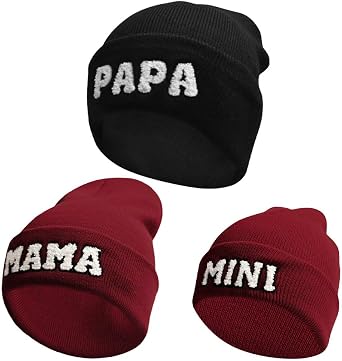 3 Pcs Parent-Child Beanie Hat Mama Papa Mini Embroidery Knitted Hat Winter Warm Cuffed Cap Matching Family Beanie Hat