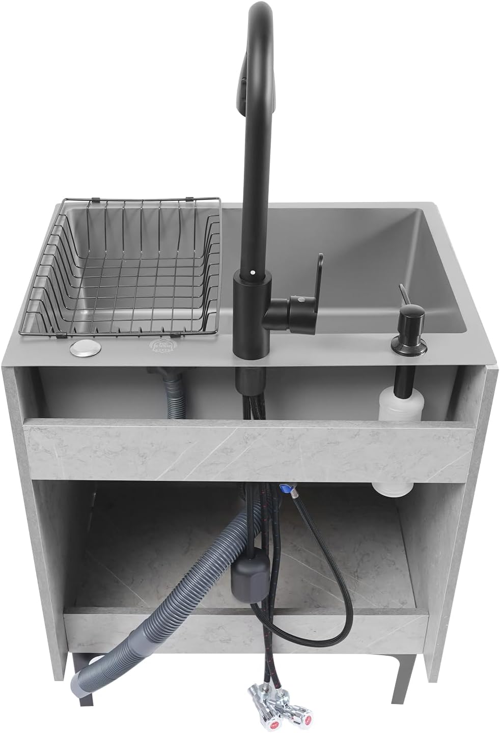 Laundry Sink Cabinet with Pull-Down Faucet Stainless Steel Utility Sink for Laundry Utility Room Bathroom Vanity Sink Cabinet with 2 Doors for Kitchen Outdoor (Grey)