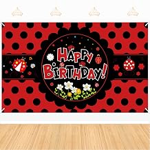 Ladybug Happy Birthday Backdrop Banner 71x43 Inch, Cute Ladybird Red and Black Polka Dots Decor Background Photo Booth Props for Girls Kids Women Lady Bday Party Baby Shower Decoration