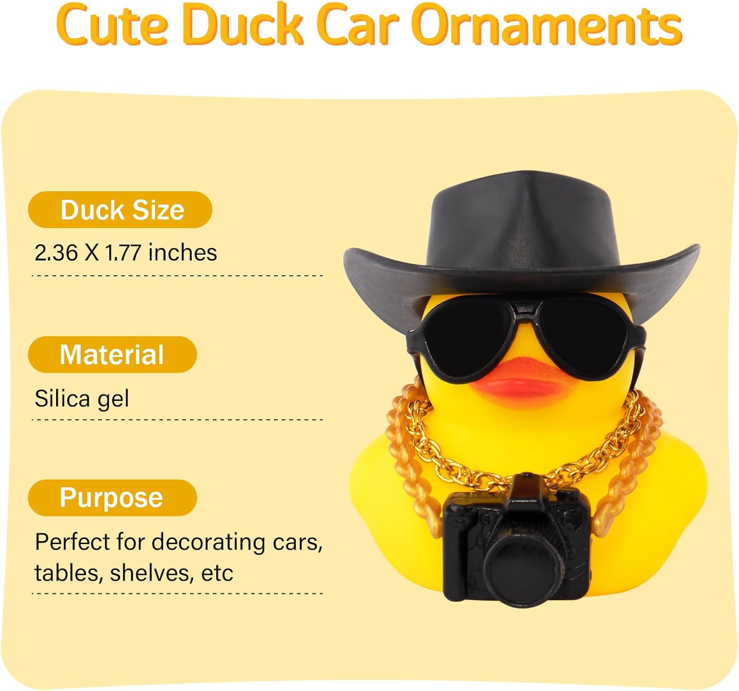 wonuu Camera Rubber Duck Car Ornaments Duck Car Dashboard Decorations for Cool Car Accessories with Cowboy Hat Necklace and Sunglasses, Black