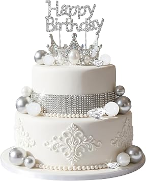 Knana 24Pcs Silver Crown Cake Topper Diamond Birthday Cake Decorations