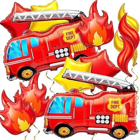 Glimin 18 Pcs Fire Truck Balloons Set 4 Aluminum Foil Flame Balloon, 2 Fire Truck Firefighter Balloon, 6 Fire Balloons, 6 Star Balloons for Rescue Themed Decoration Firefighter Birthday Party Supplies Cover