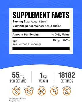 Ferrous Fumarate Powder - Essential Mineral, Iron Supplement for Men and Women - Gluten Free, 55mg per Serving, 1kg (2.2 lbs) (Pack of 1)