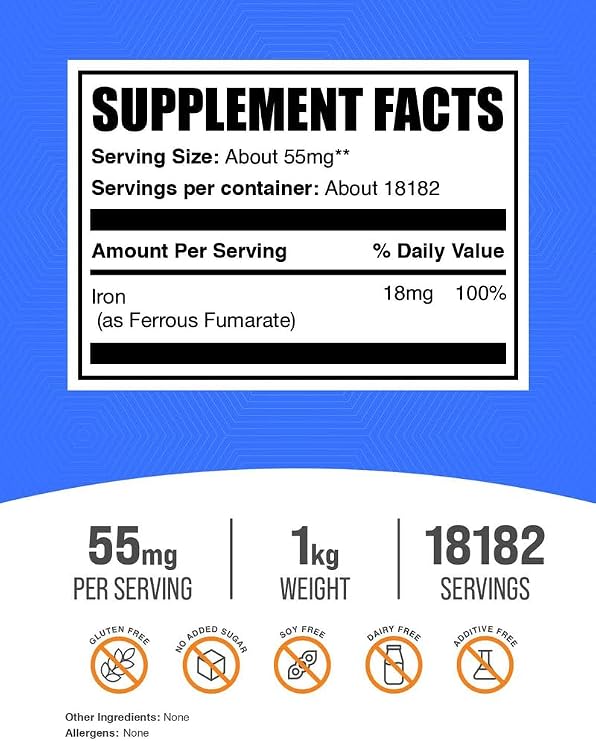 Ferrous Fumarate Powder - Essential Mineral, Iron Supplement for Men and Women - Gluten Free, 55mg per Serving, 1kg (2.2 lbs) (Pack of 1)
