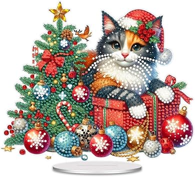 Cute Cat Christmas-Themed Diamond Art Tabletop Ornament for Adult, Stand Up Double Sided Special Shaped Christmas Diamond Art Desktop Ornament DIY Xmas Decor Gift Cat and Decrations
