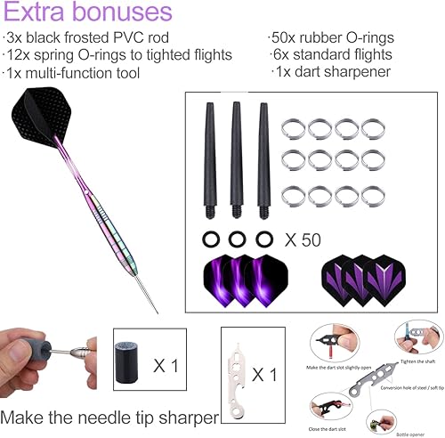 Vista 6 de Steel Tip Darts Set for Dartboard, Professional Brass Darts Metal Tip Black Purple Aluminium Nylon Shafts 9 Flights 50 Rubber O-Rings 12 Spring 0.94