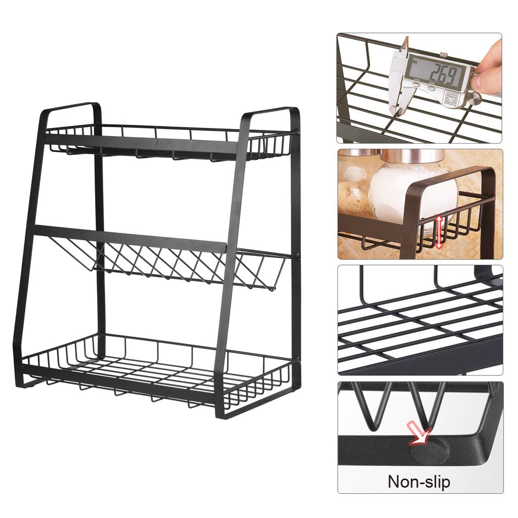 Scaffale per spezie in metallo a 3 livelli, montaggio senza foratura, mensola portaoggetti da cucina per spezie e bottiglie di olio, per bagno, nero (01)