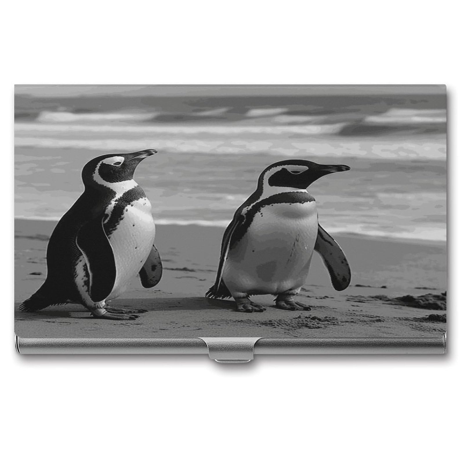 JTREHY Penguin Standing on The Beach Business Card Holder Slim Purse Name Card Holder Portable Metal Business Card Case Wallet Large Capacity Lightweight Business Card Case for Men Women