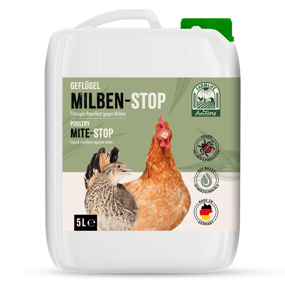 AniForte Milben Stop Flüssig für Hühner & Geflügel 5 Liter - gegen Milben & Parasiten, bei akutem Befall & Vorbeugende Maßnahme, Effektive Abwehr, Ideal zum Nachfüllen von AniForte Milben Stop Spray
