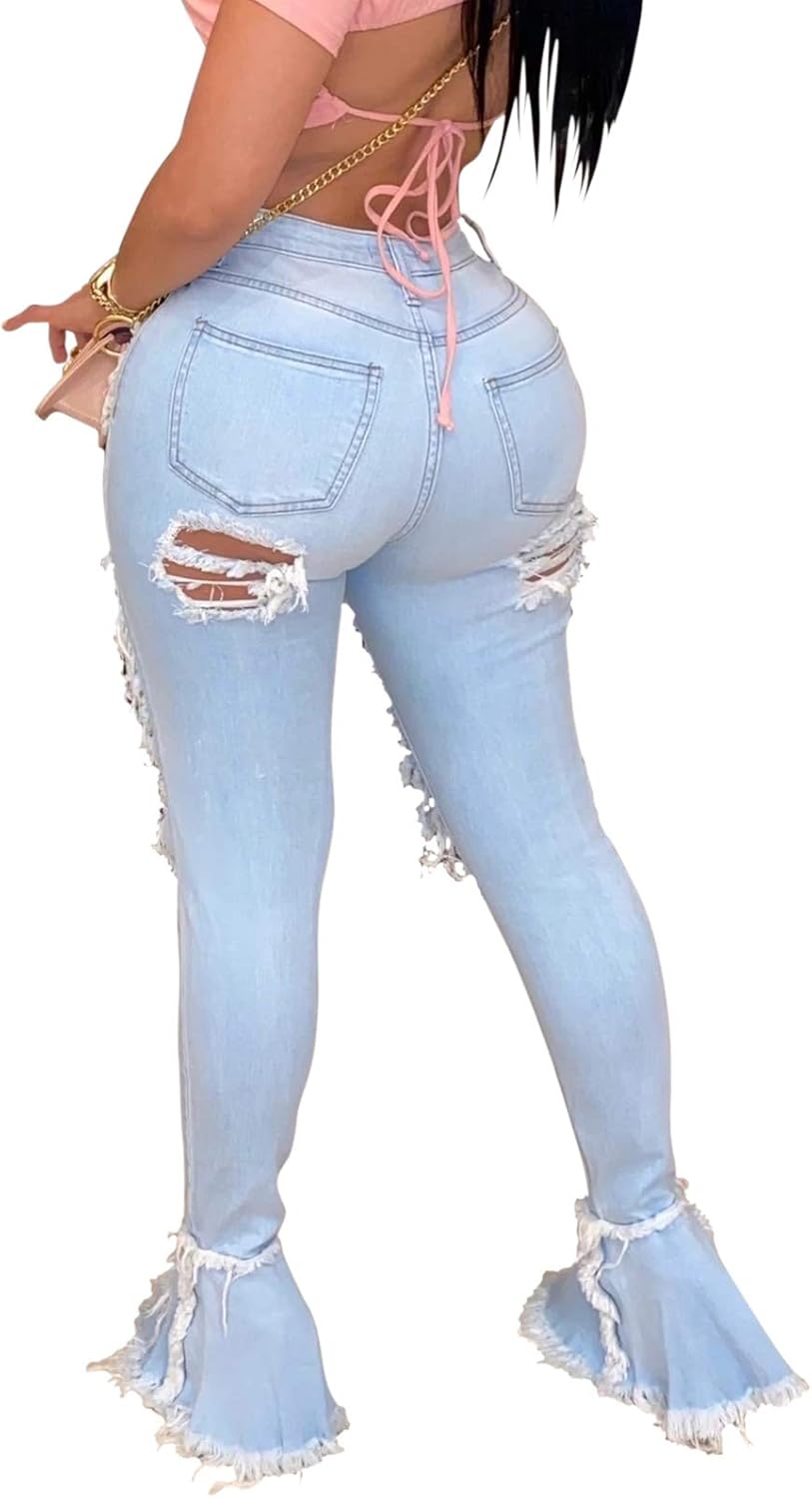 BestGirl Women's Bell Bottom Jeans Destoryed Ripped Flare Jeans Elastic Waist Raw Hem Denim Pants - Image 2